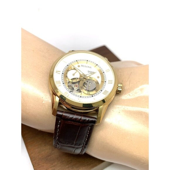 Bulova Men's Watch 97A121 Automatic Gold Tone Case Brown Leather Band 41mm - Picture 6 of 14